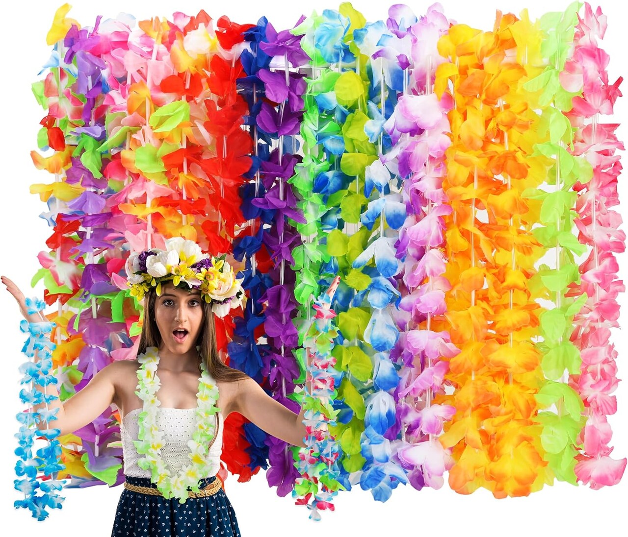 24 Pcs Leis for Luau Party – Colorful Hawaiian Silk Flower Necklaces – Tropical Hula Dance Party Decorations, Summer Beach & Pool Party Favors